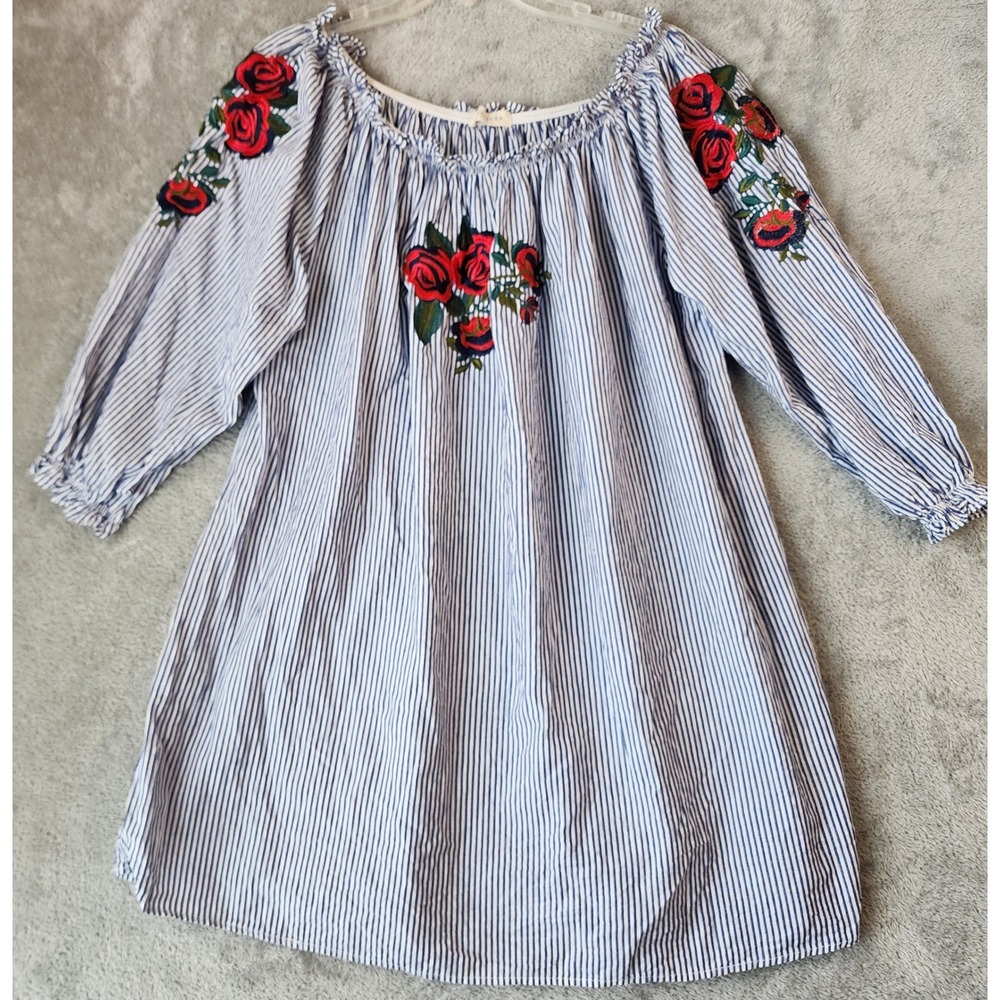 Velzera Dress Womens 1X Blue White Striped Floral Embroidered Off Shoulder Mini